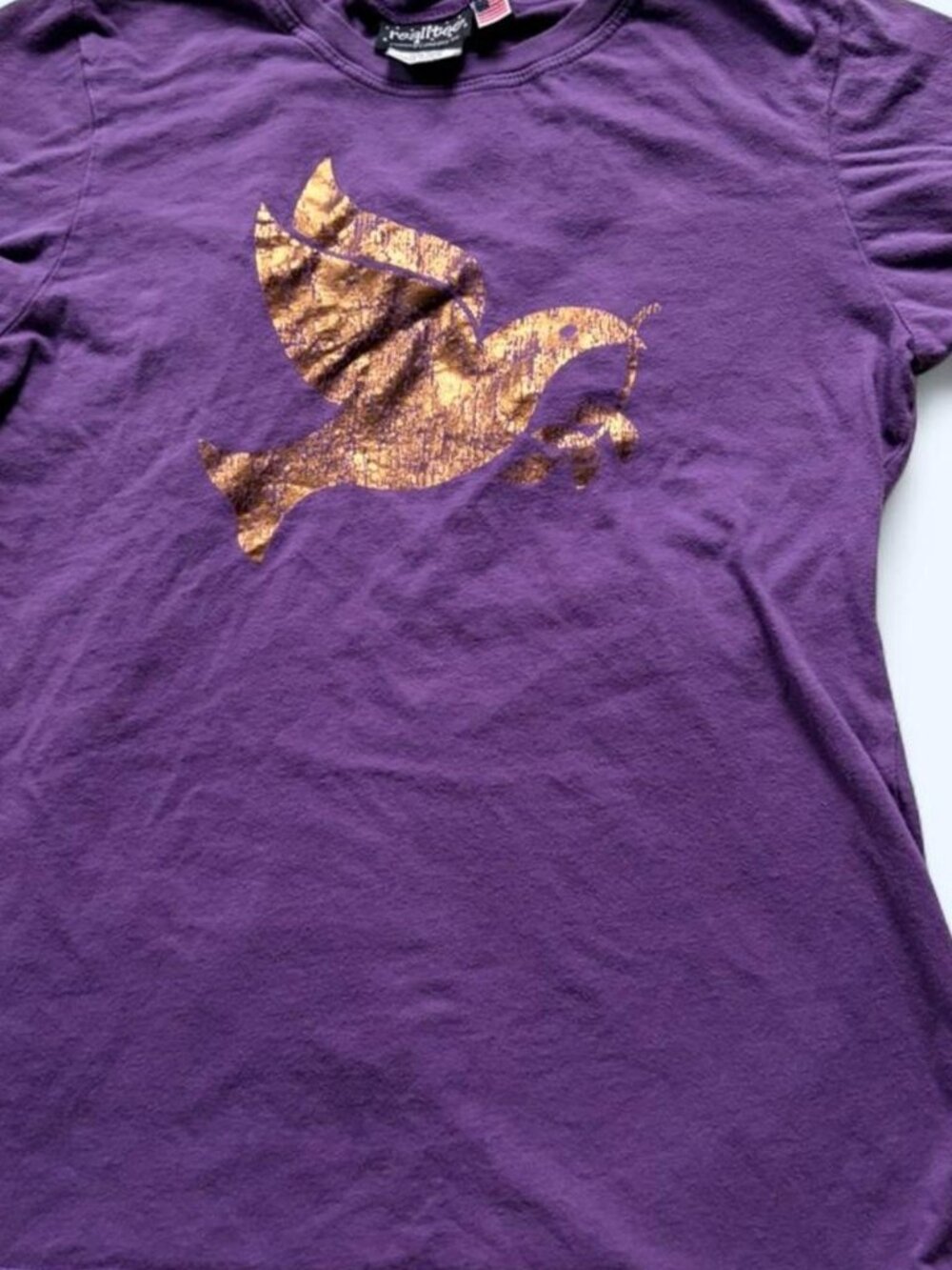 Vintage Y2K Realitee Purple Gold Peace Dove Baby Tee Made USA L